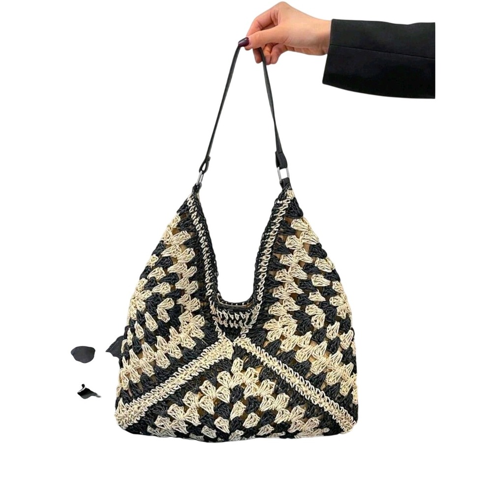 Woven Straw woven Hobo Bag‎ Black Cream Geometric Granny Square Summer Tote